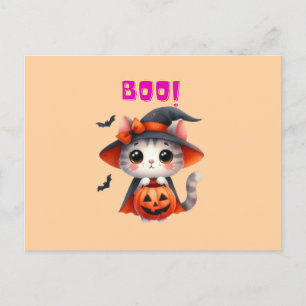 Cute Halloween Cat with Pumpkin and Witch Hat Deco Postcard