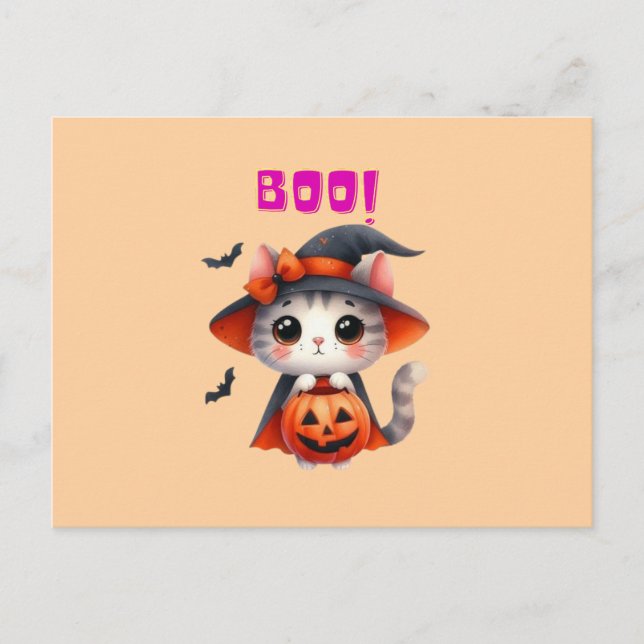 Cute Halloween Cat with Pumpkin and Witch Hat Deco Postcard (Front)