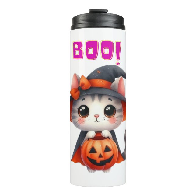Cute Halloween Cat with Pumpkin and Witch Hat Deco Thermal Tumbler (Front)
