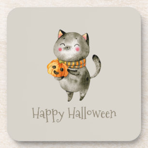 Cute Halloween Cat with Pumpkin Coaster