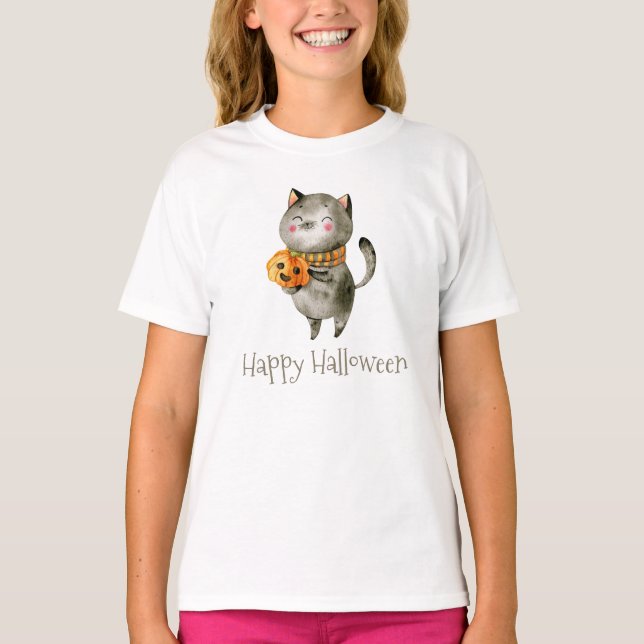 Cute Halloween Cat with Pumpkin Crew Shirt (Front)