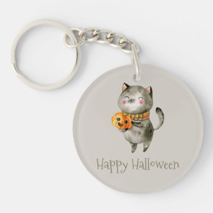 Cute Halloween Cat with Pumpkin   Keychain