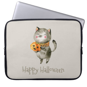 Cute Halloween Cat with Pumpkin   Laptop Sleeve