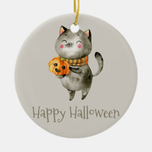 Cute Halloween Cat with Pumpkin Ornament