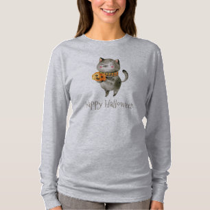 Cute Halloween Cat with Pumpkin Sleeve Shirt