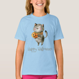 Cute Halloween Cat with Pumpkin Sleeve Shirt