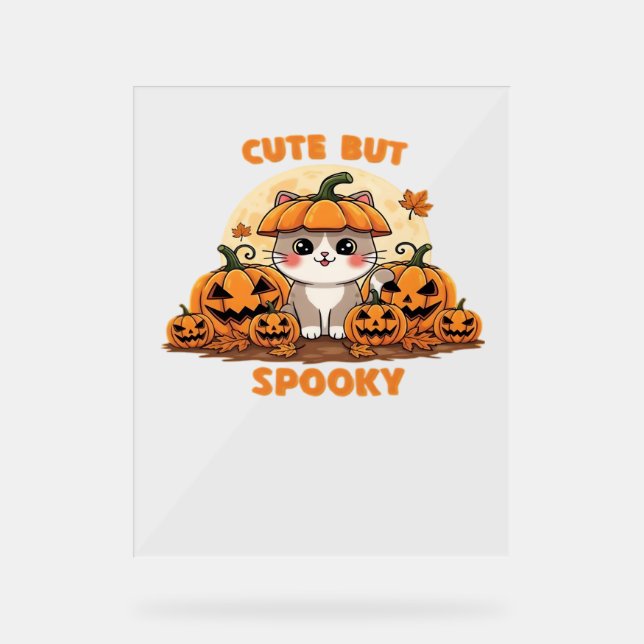 Cute Halloween Cat with Pumpkins – Kawaii Spooky F Acrylic Sign (Front)