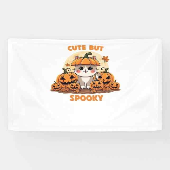 Cute Halloween Cat with Pumpkins – Kawaii Spooky F Banner (Horizontal)