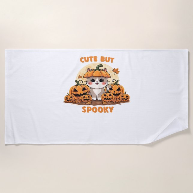 Cute Halloween Cat with Pumpkins – Kawaii Spooky F Beach Towel (Front)