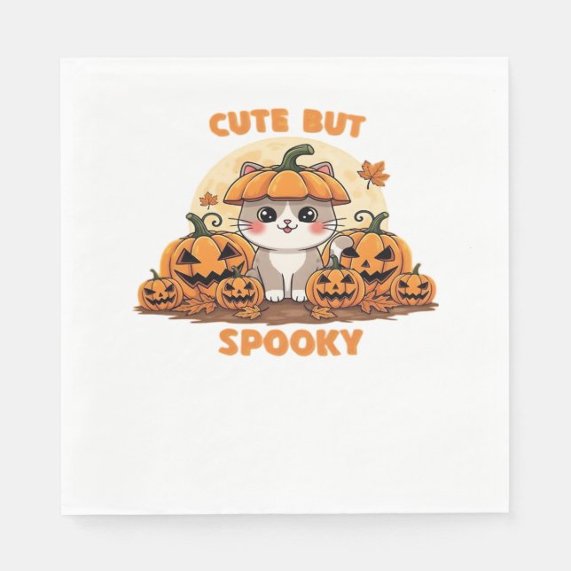 Cute Halloween Cat with Pumpkins – Kawaii Spooky F Napkin (Front)