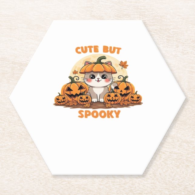 Cute Halloween Cat with Pumpkins � Kawaii Spooky F Paper Coaster (Front)