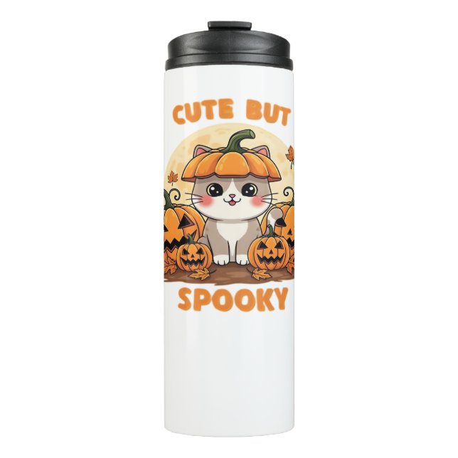 Cute Halloween Cat with Pumpkins – Kawaii Spooky F Thermal Tumbler (Front)