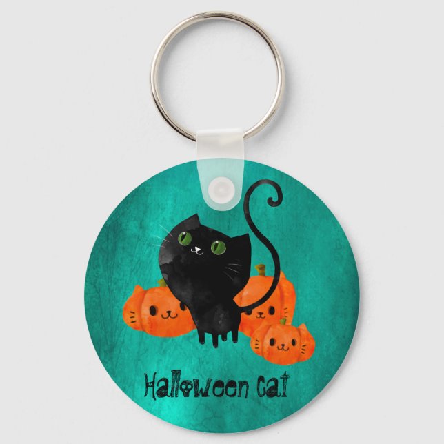 Cute Halloween cat with pumpkins Key Ring (Front)