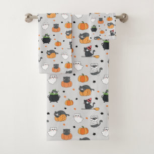 Cute Halloween Cats and Ghosts Pattern Bath Towel Set