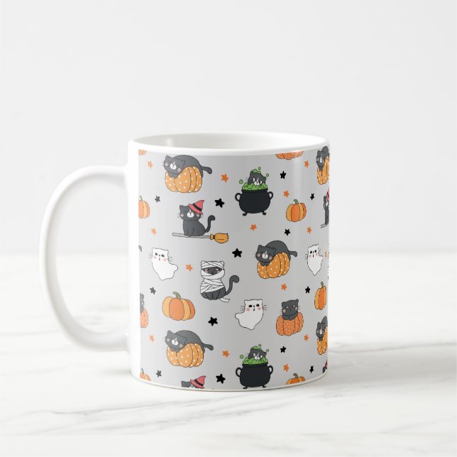 Cute Halloween Cats and Ghosts Pattern Coffee Mug (Left)