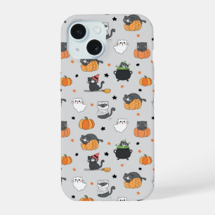 Cute Halloween Cats and Ghosts Pattern iPhone 15 Case