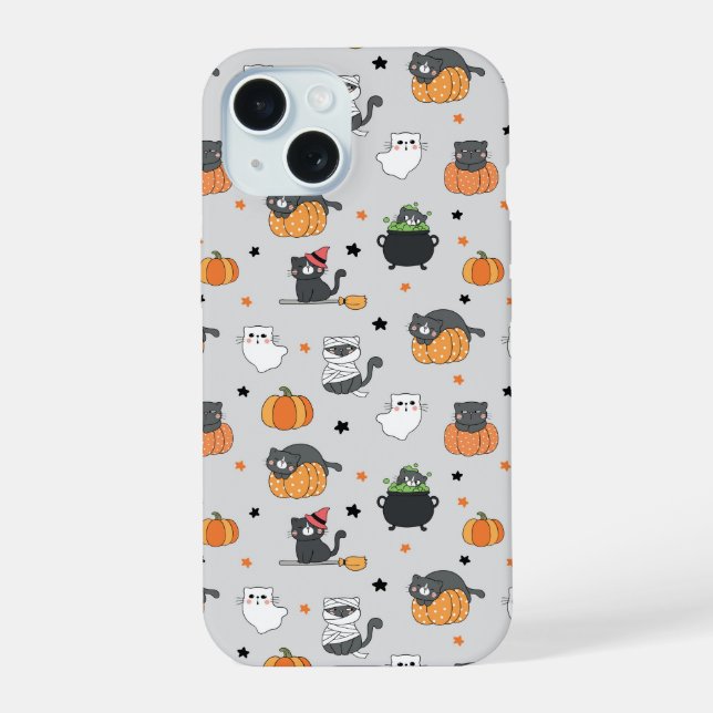 Cute Halloween Cats and Ghosts Pattern iPhone 15 Case (Back)