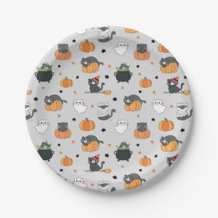 Cute Halloween Cats and Ghosts Pattern Paper Plate