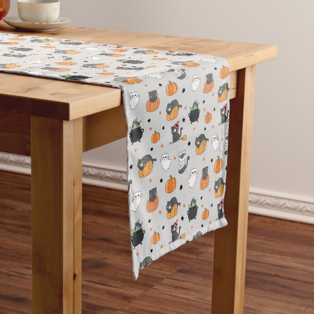 Cute Halloween Cats and Ghosts Pattern Short Table Runner (In Situ)