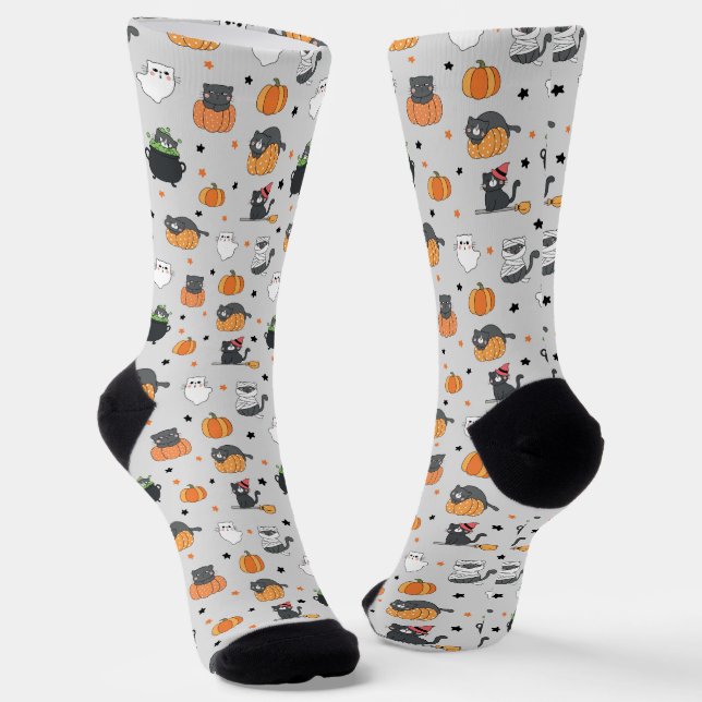 Cute Halloween Cats and Ghosts Pattern Socks (Angled)