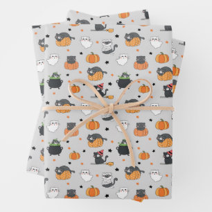 Cute Halloween Cats and Ghosts Pattern Wrapping Paper Sheet