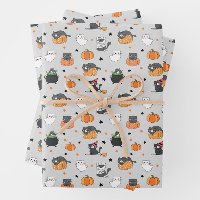 Cute Halloween Cats and Ghosts Pattern Wrapping Paper Sheet (In situ)