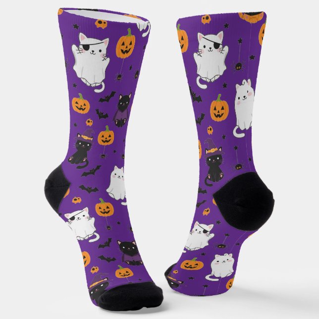 Cute Halloween Cats and Pumpkins Pattern Socks  (Angled)