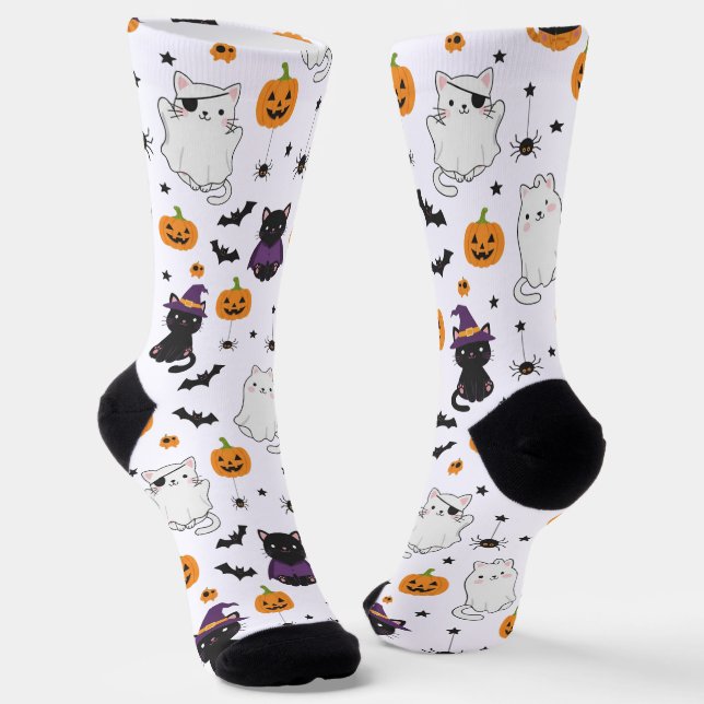 Cute Halloween Cats and Pumpkins Pattern Socks  (Angled)