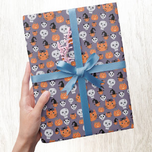 Cute Halloween Cats and Skulls Spooky Wrapping Paper