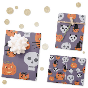 Cute Halloween Cats and Skulls Spooky Wrapping Paper Sheet