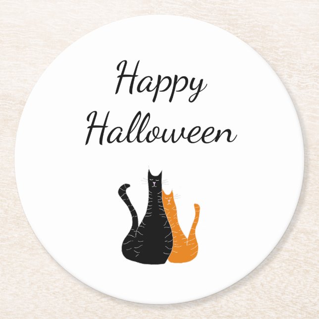 Cute Halloween Cats Black Orange Round Paper Coaster (Front)