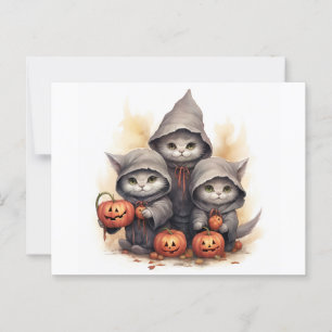 Cute Halloween Cats in Hoodies with Pumpkins Postcard