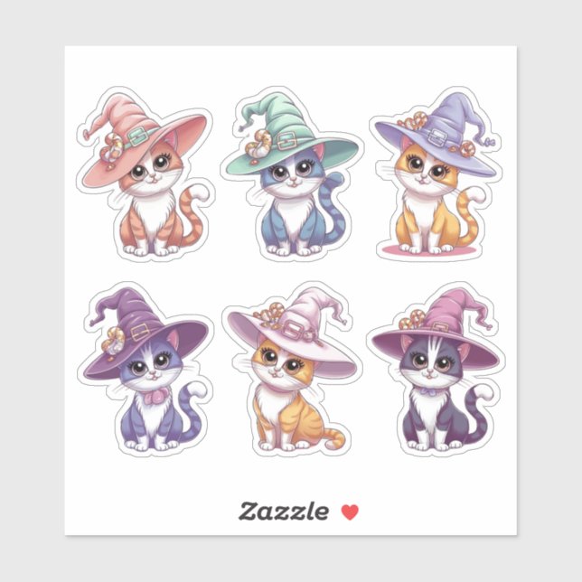 Cute Halloween Cats in Witch Hats Sticker Sheet (Sheet)