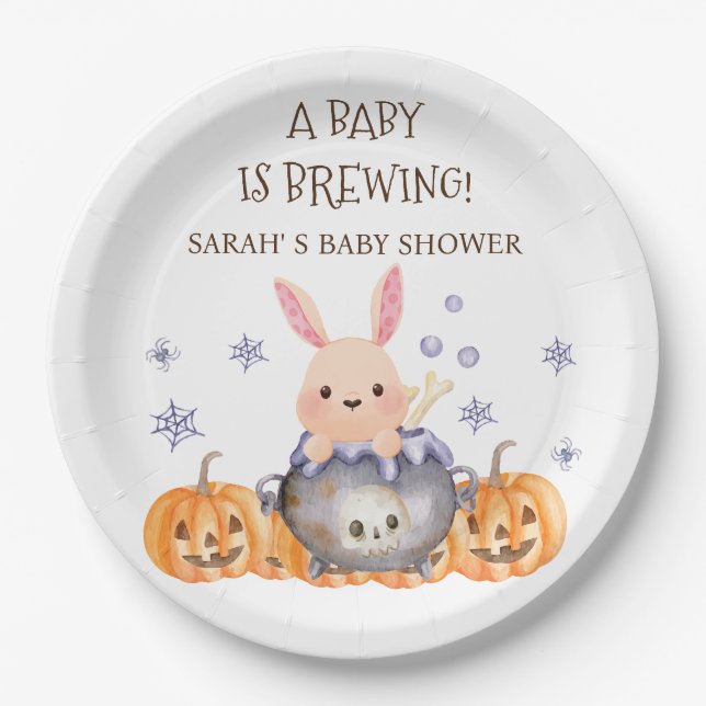 Cute Halloween Cauldron Baby is Brewing Shower Paper Plate (Front)