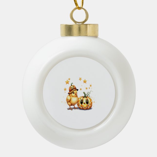 Cute Halloween Chick Pumpkin Ceramic Ball Christmas Ornament (Front)