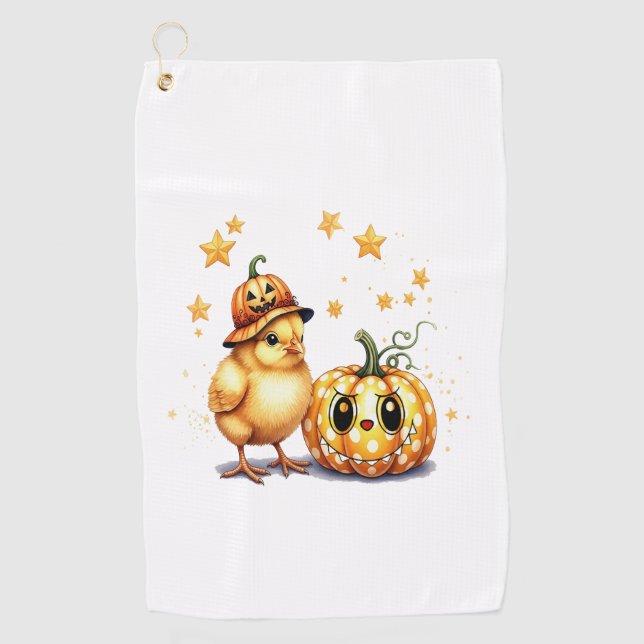 Cute Halloween Chick Pumpkin Golf Towel (Front)