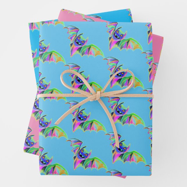 Cute Halloween colourful bats girls neon trendy Wrapping Paper Sheet (In situ)