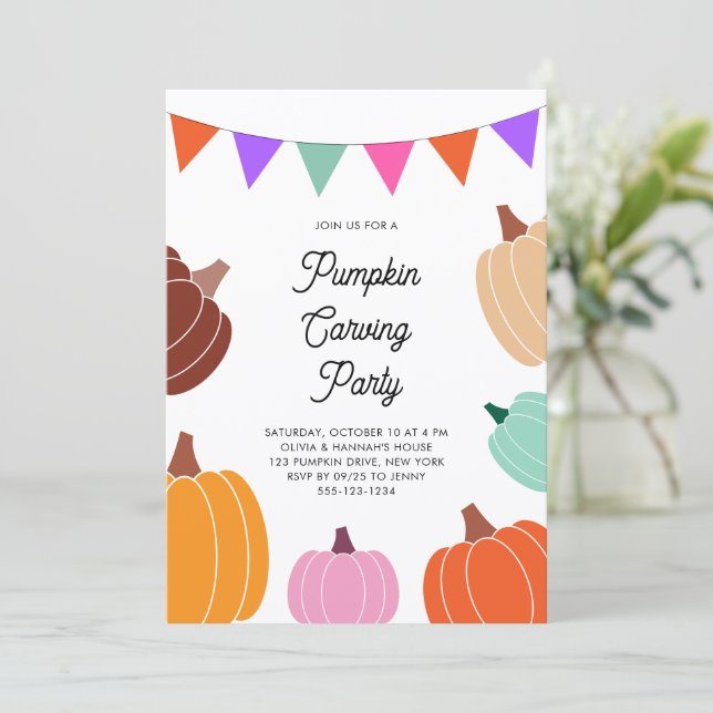 Cute Halloween Colourful Pumpkin Carving Party Invitation (Standing Front)