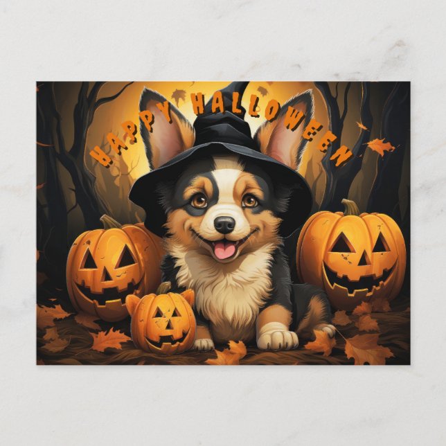 Cute Halloween Corgi In Forest With Pumpkins Holiday Postcard (Front)