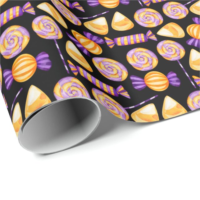 Cute Halloween Corn Candy Sweets Lollipop Black Wrapping Paper (Roll Corner)