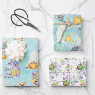 Cute Halloween Costume Animals Treats Blue Wrapping Paper Sheet