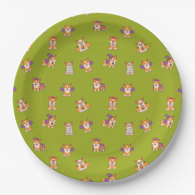 Cute Halloween Costume Cartoon Corgis Paper Plate (Front)