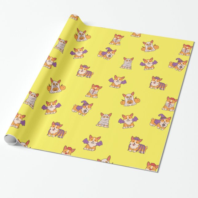 Cute Halloween Costume Cartoon Corgis Wrapping Paper (Unrolled)