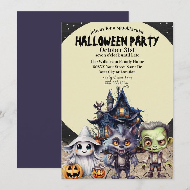Cute Halloween Costume Party and Haunted House Invitation (Front/Back)