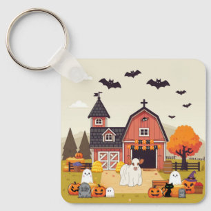 Cute Halloween cow and farm Key Ring