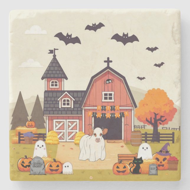 Cute Halloween cow and farm Stone Coaster (Front)