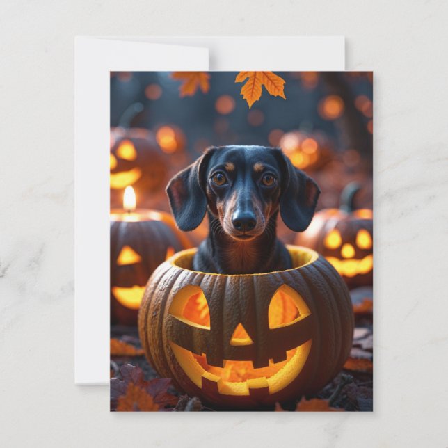 Cute Halloween Dachshund Dog Inside Carved Pumpkin Holiday Card (Front)