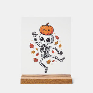 Cute Halloween Dancing Skeleton with Pumpkin Head Acrylic Sign