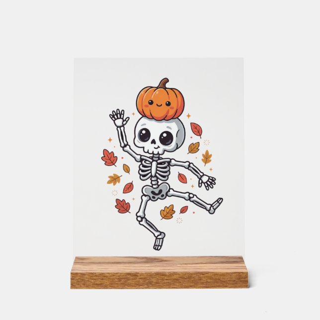 Cute Halloween Dancing Skeleton with Pumpkin Head Acrylic Sign (Front)
