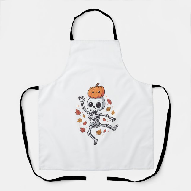 Cute Halloween Dancing Skeleton with Pumpkin Head Apron (Front)